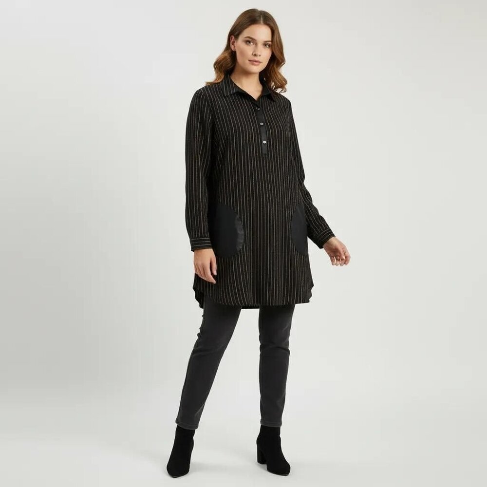 Grandi Women's Black Striped Exposed Front Pockets Long‎ Sleeve Tunic Top Size M